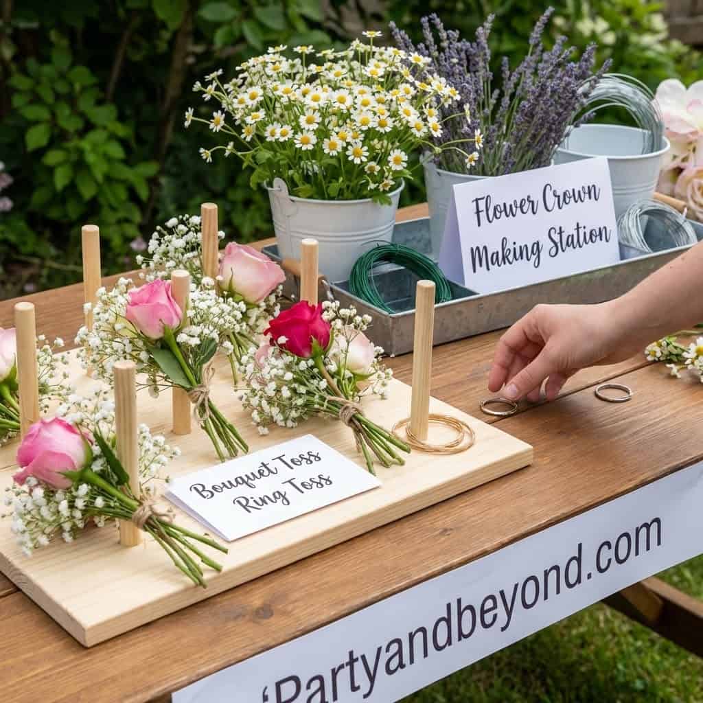 Beautiful flower crown making station for a flower-themed birthday party.