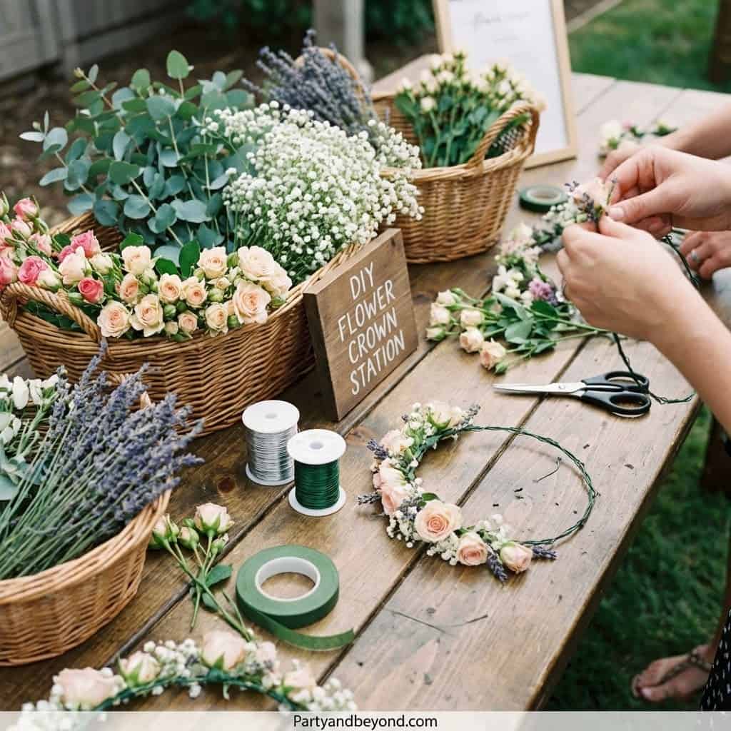 DIY flower crown station with fresh blooms and greenery. Perfect for garden birthday celebrations an.