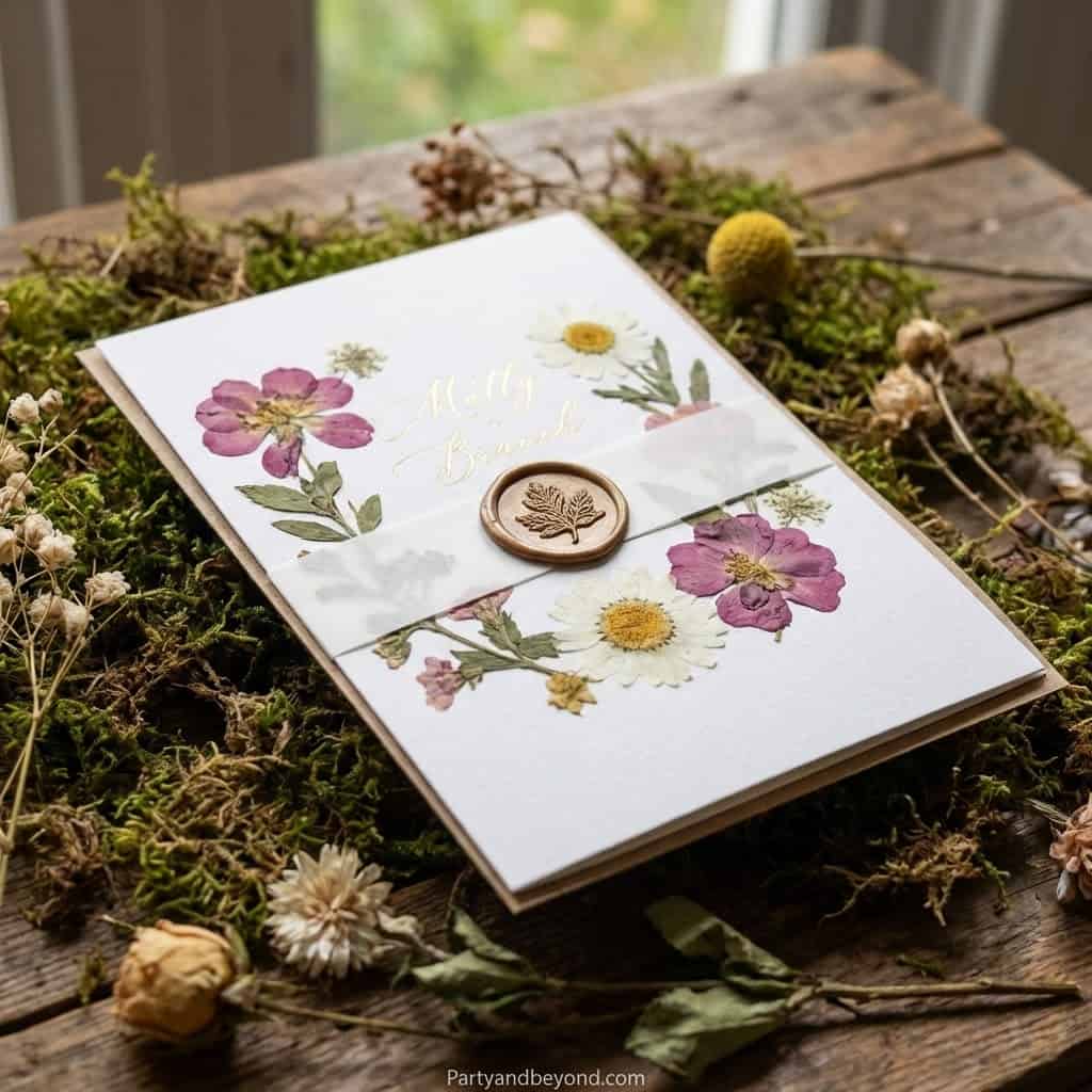 Elegant flower-themed birthday card with dried flowers and wax seal for celebration.