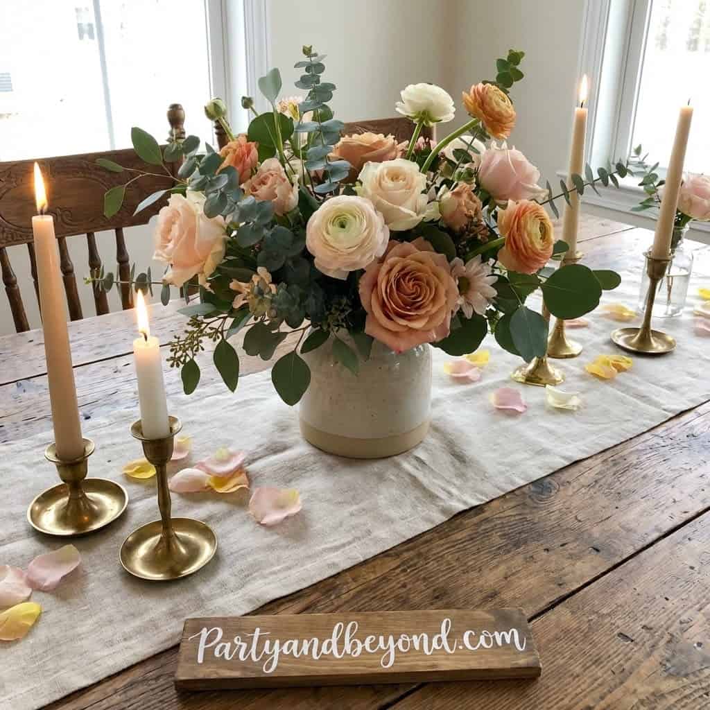 Elegant flower centerpiece with roses and candles for birthday party decor.