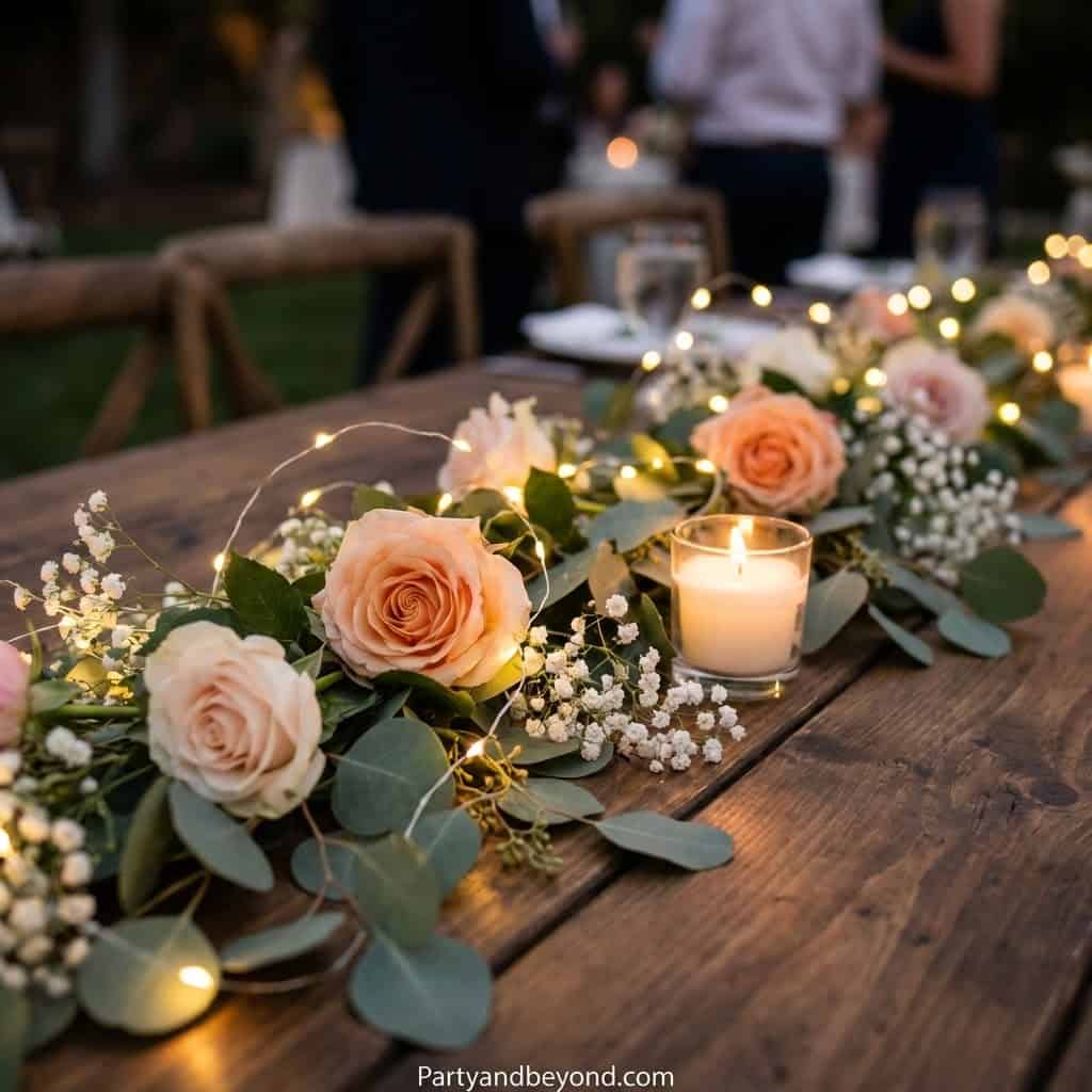 Beautiful flower-themed birthday party table decor featuring roses, candles, and fairy lights for a.