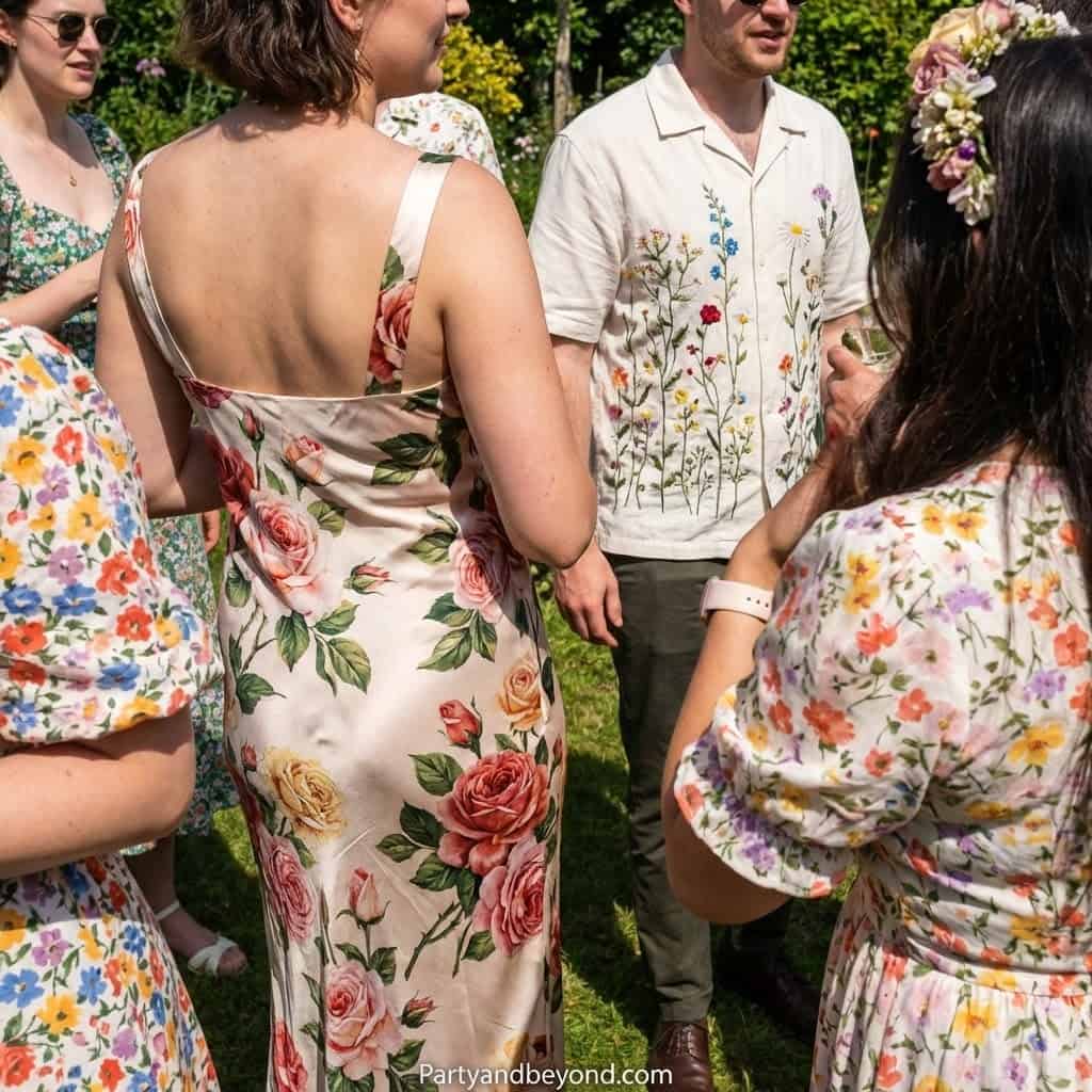 Group of people in floral outfits at a flower-themed birthday party outdoors.
