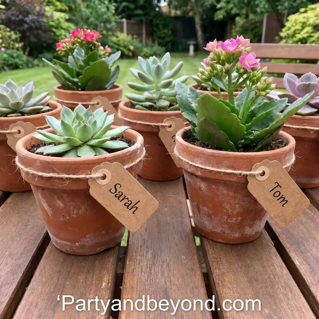 Beautiful potted succulents with personalized name tags for a flower-themed birthday party.