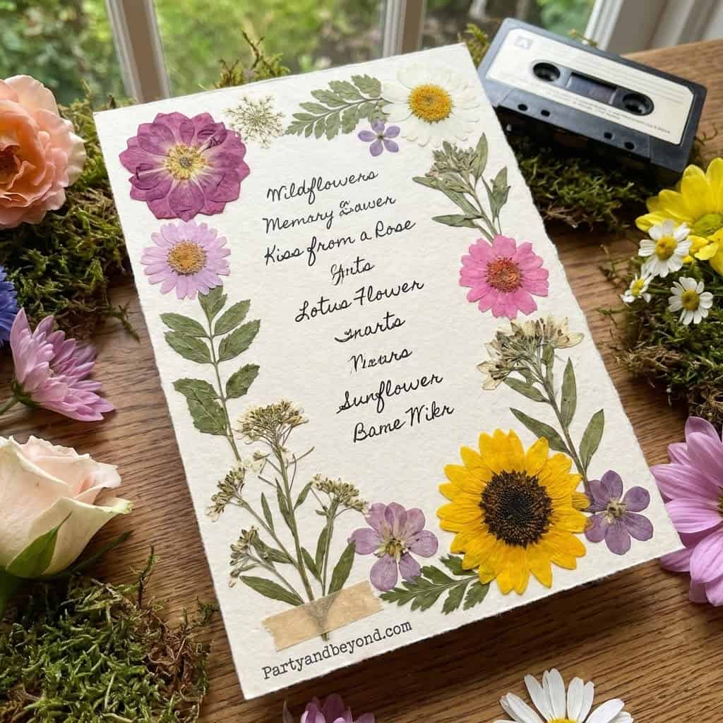 Pressed flower art for a floral birthday celebration with vintage cassette accents.