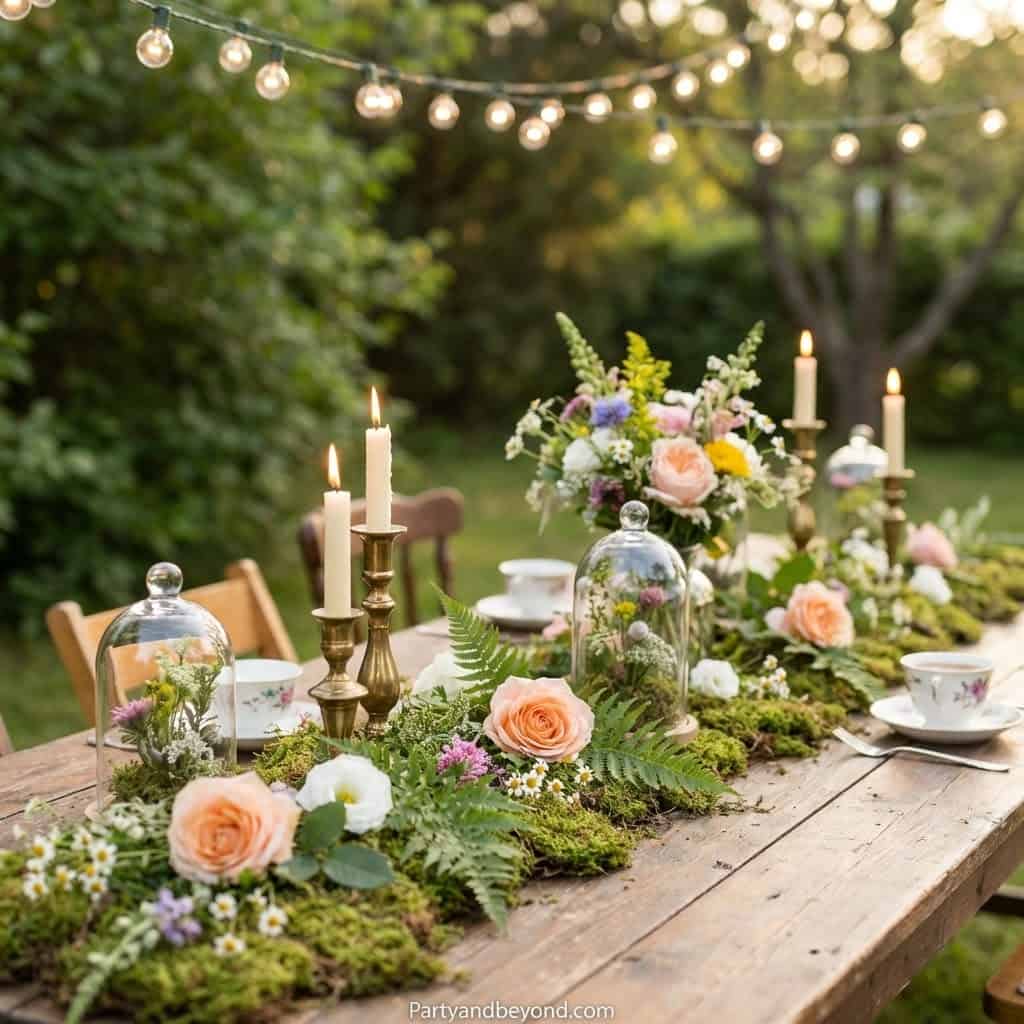 Elegant flower-themed birthday party table with candles, floral arrangements, and vintage tableware.