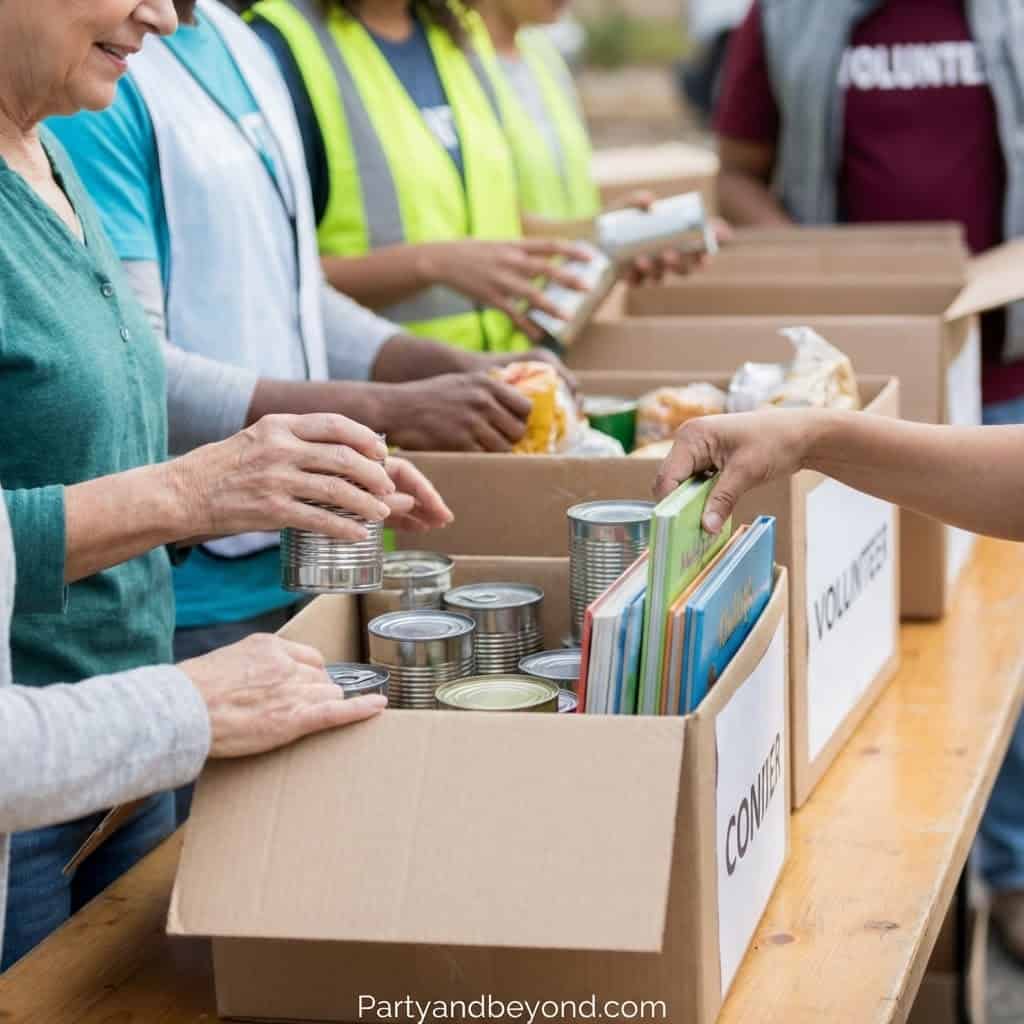 Volunteers sorting canned food donations for Easter celebration charity event.