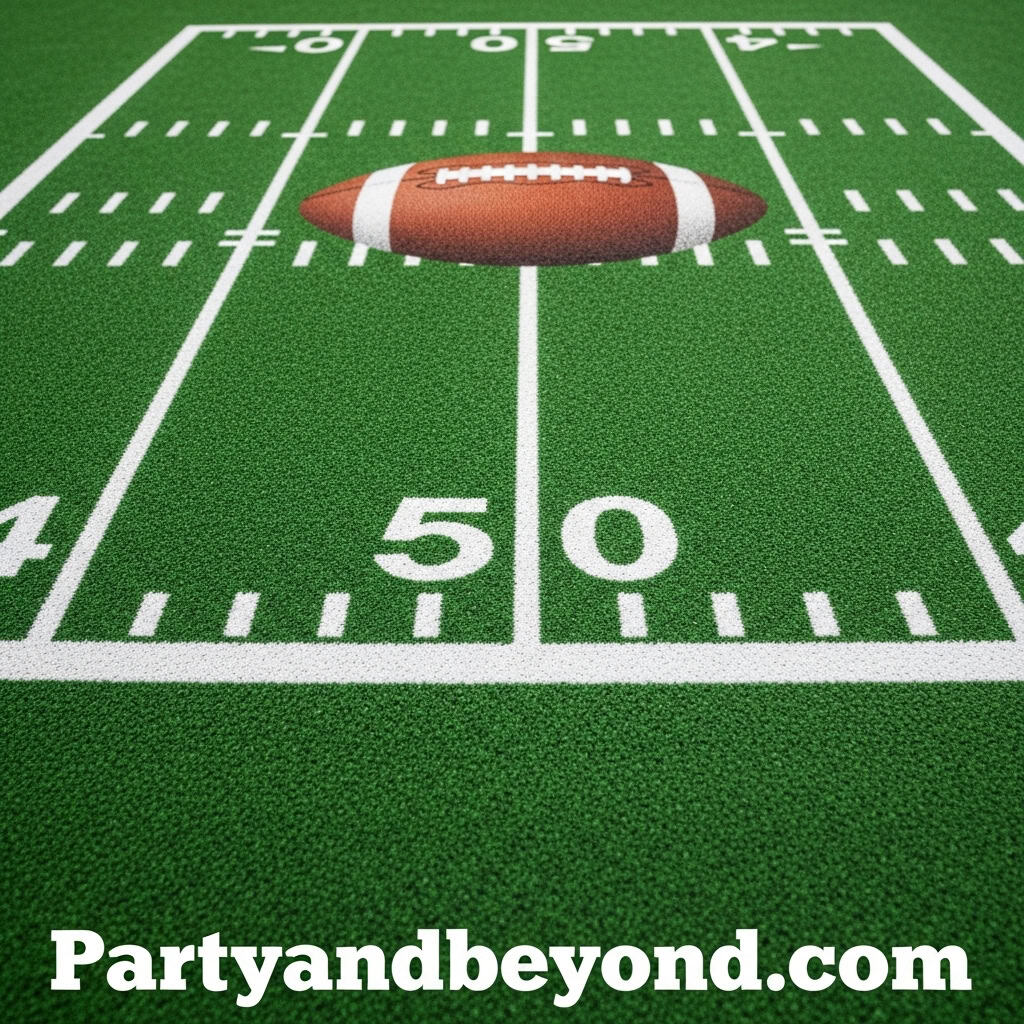 Football field with football for Super Bowl party décor and activities.