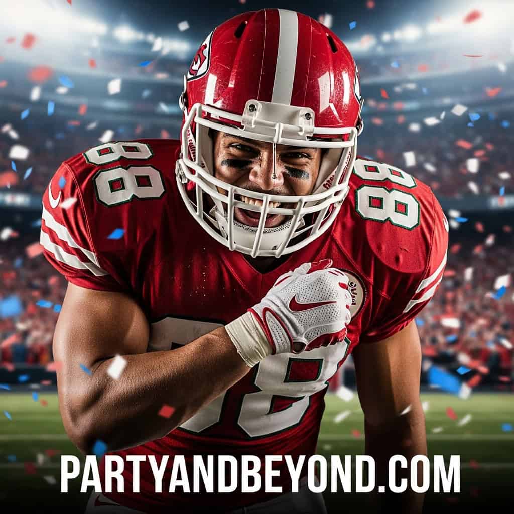 Football player in red uniform celebrating at a Super Bowl stadium.