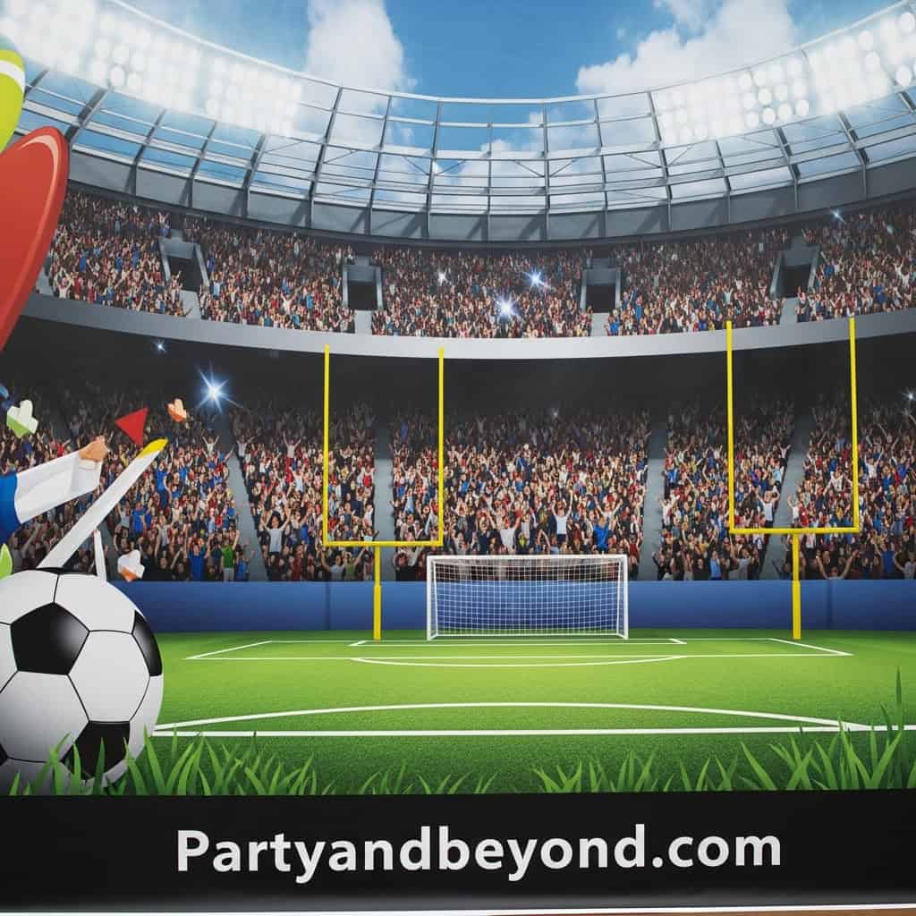 Vibrant football stadium filled with cheering fans, goalposts, and a soccer ball in the foreground,.