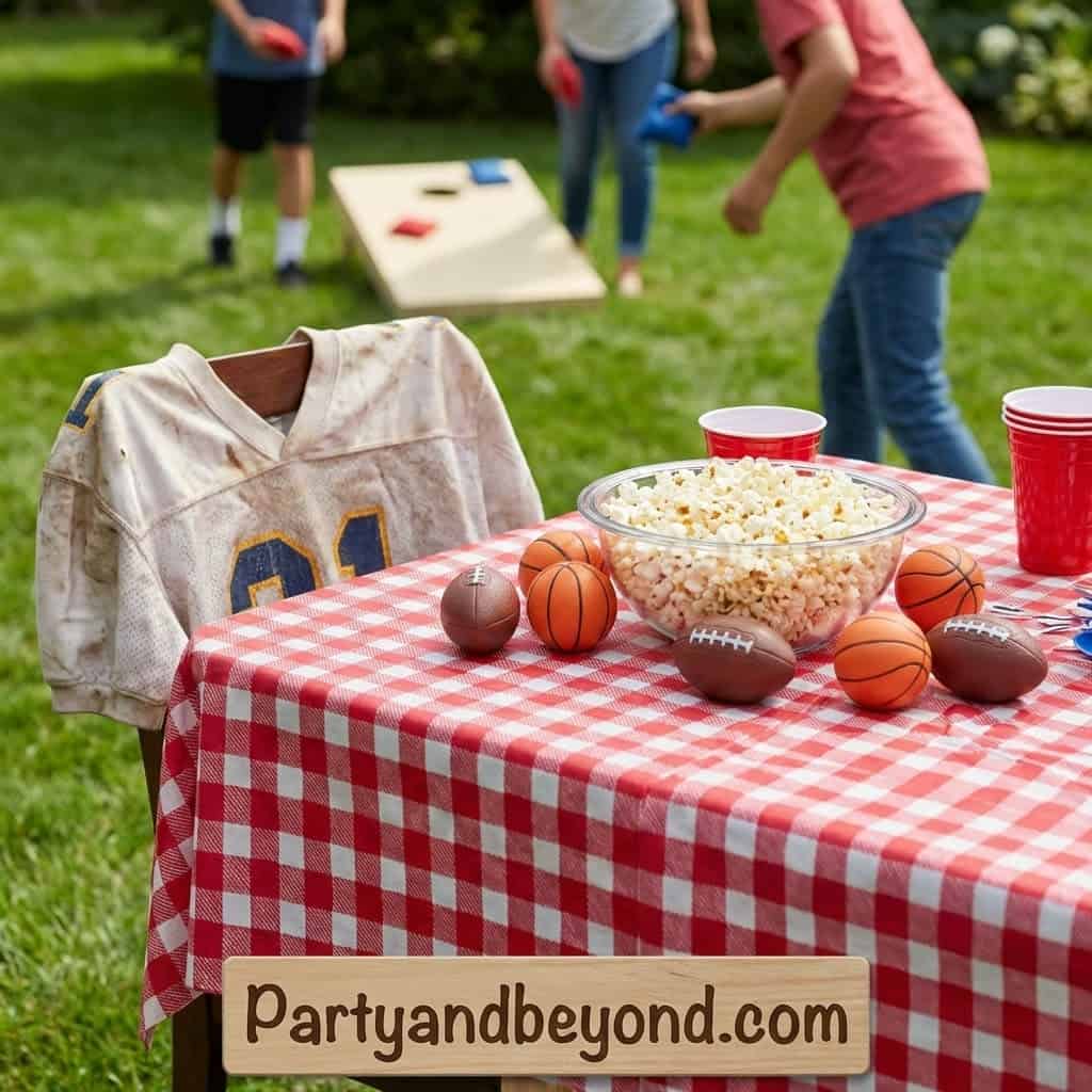Football-themed backyard birthday party setup with snacks and games for kids.