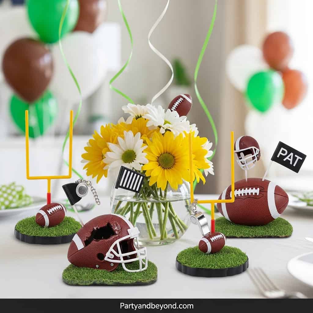 Football-themed party décor with balloons and mini helmets for a Super Bowl celebration.