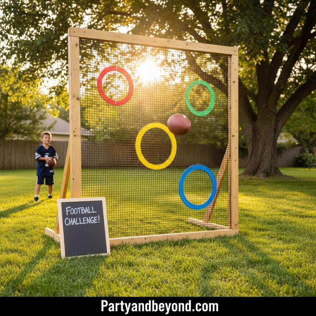 Outdoor football toss game with colorful rings and a chalkboard sign for kids' party entertainment.