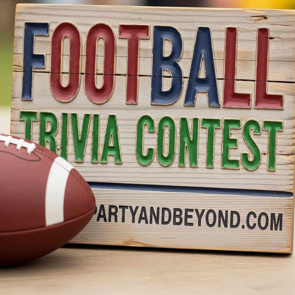 Football-themed trivia contest sign for Super Bowl game-day celebration.