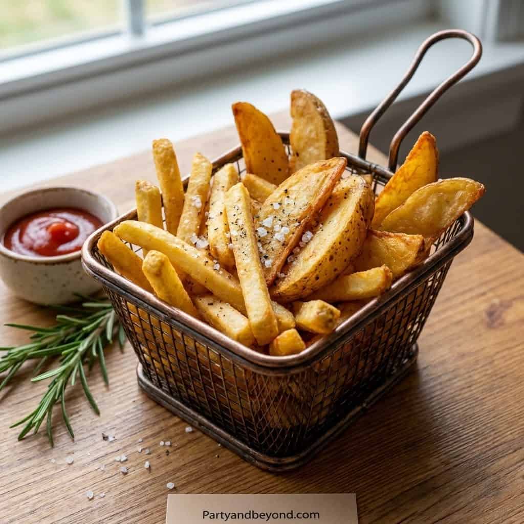Crispy French fries served in a basket with ketchup and herbs for a party snack.