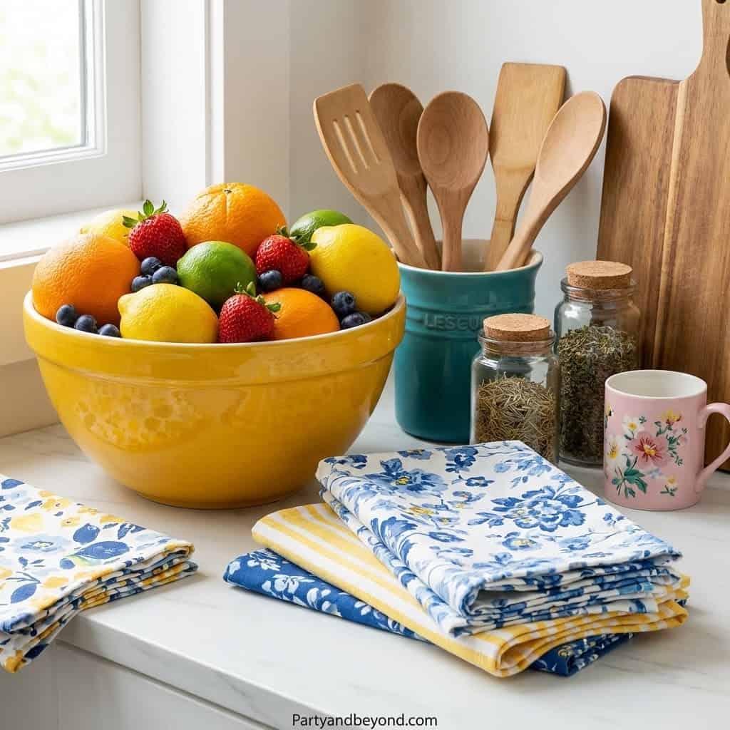Bright fruit bowl with fresh strawberries, oranges, and lemons for spring home refresh.