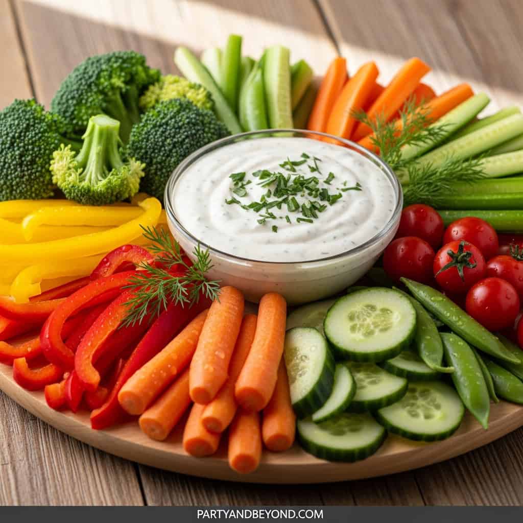 Colorful vegetable platter with creamy dip for party snacks.