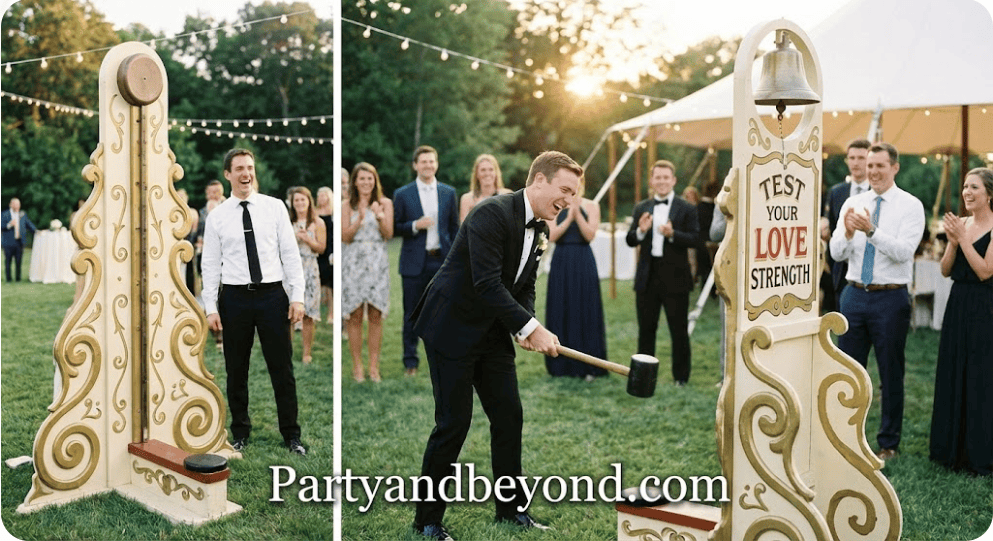 Engaged couple playing a carnival-style wedding game at outdoor celebration.