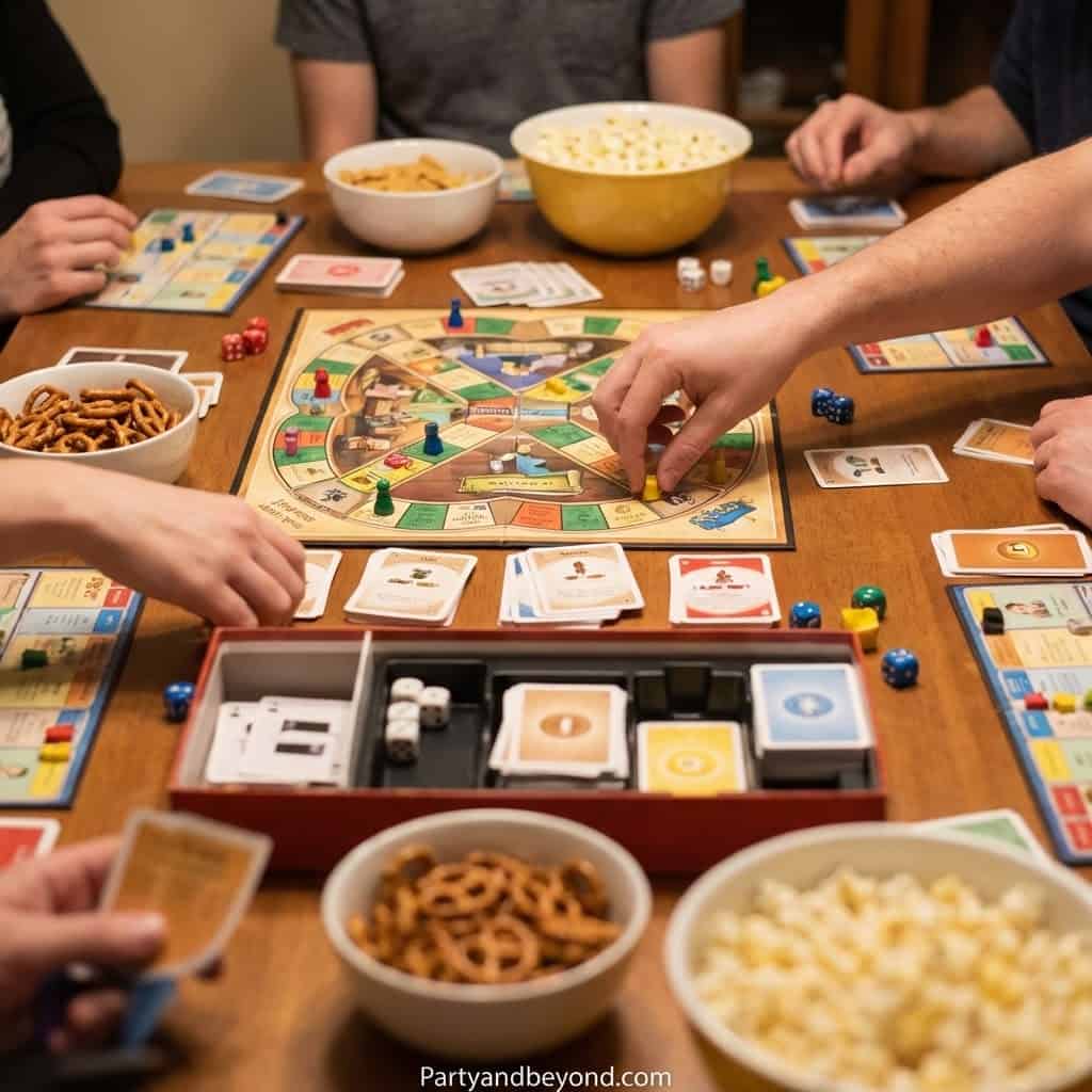 Engaging house party game with friends, featuring colorful board, cards, and snacks for an unforgett.
