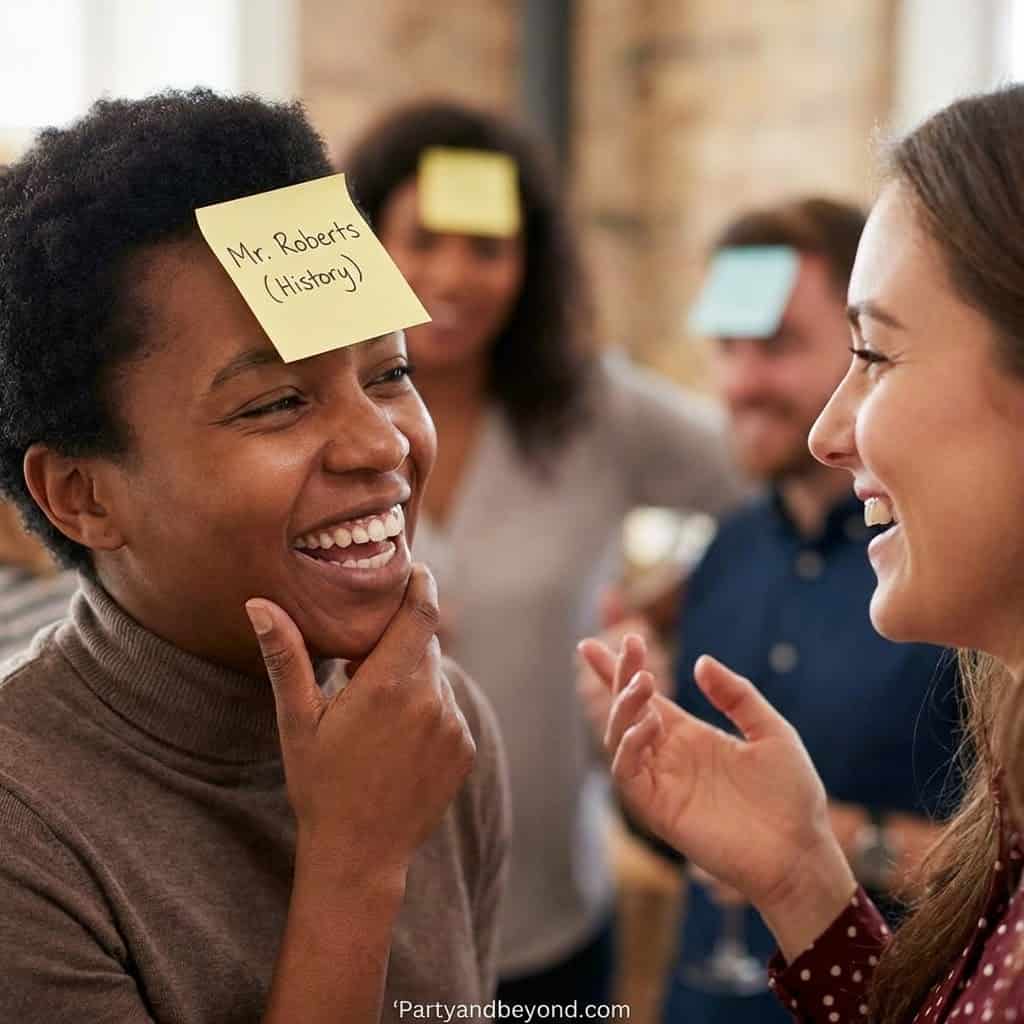 Indoor graduation celebration with friends playing interactive party game.