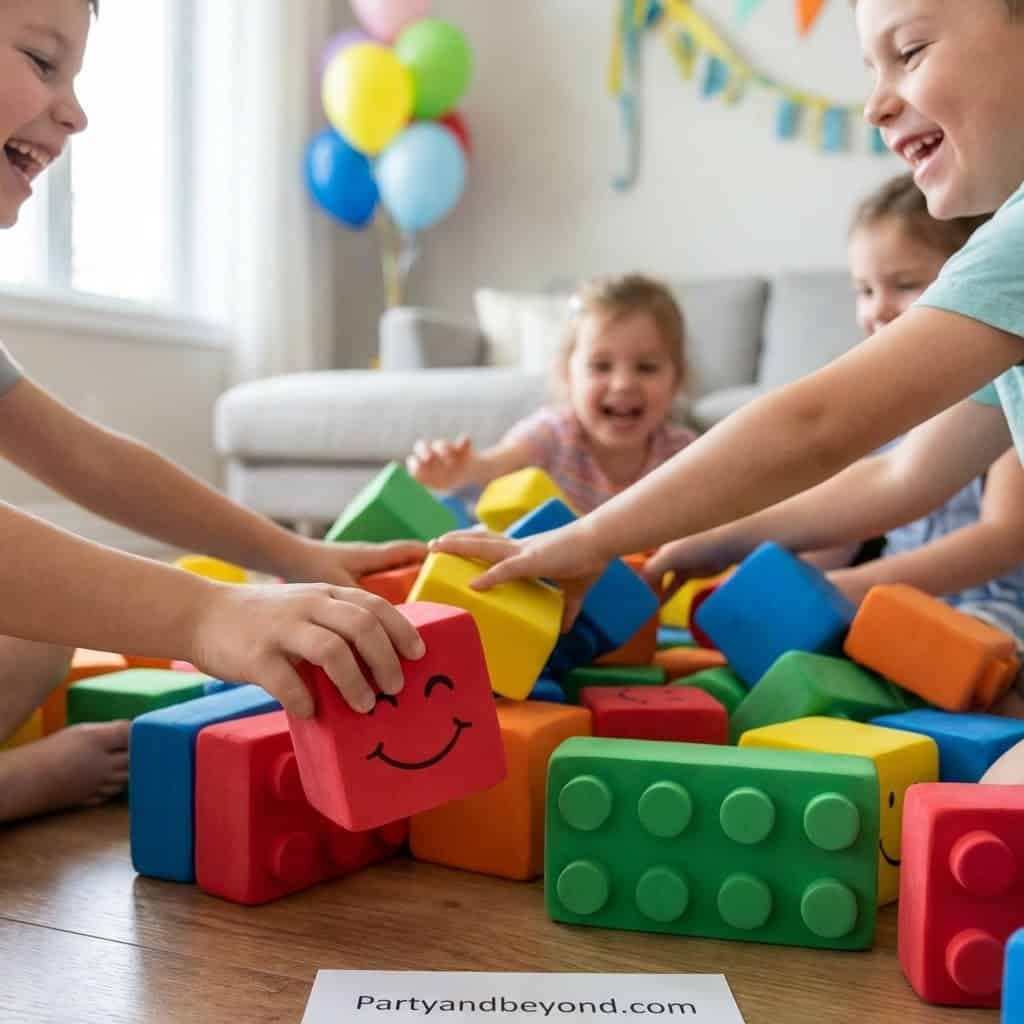Children playing with large, colorful building blocks during a birthday party.