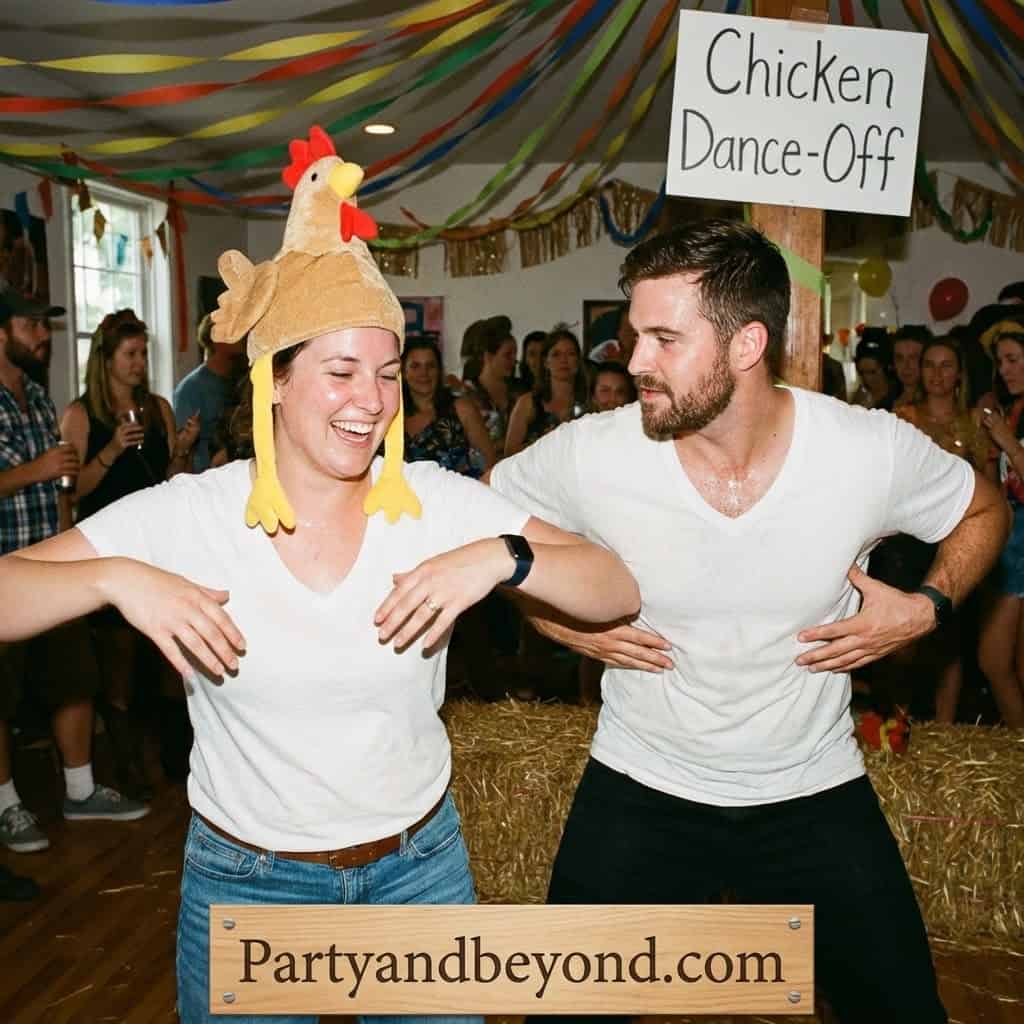Children and adults enjoying a humorous chicken dance competition at a lively birthday celebration.