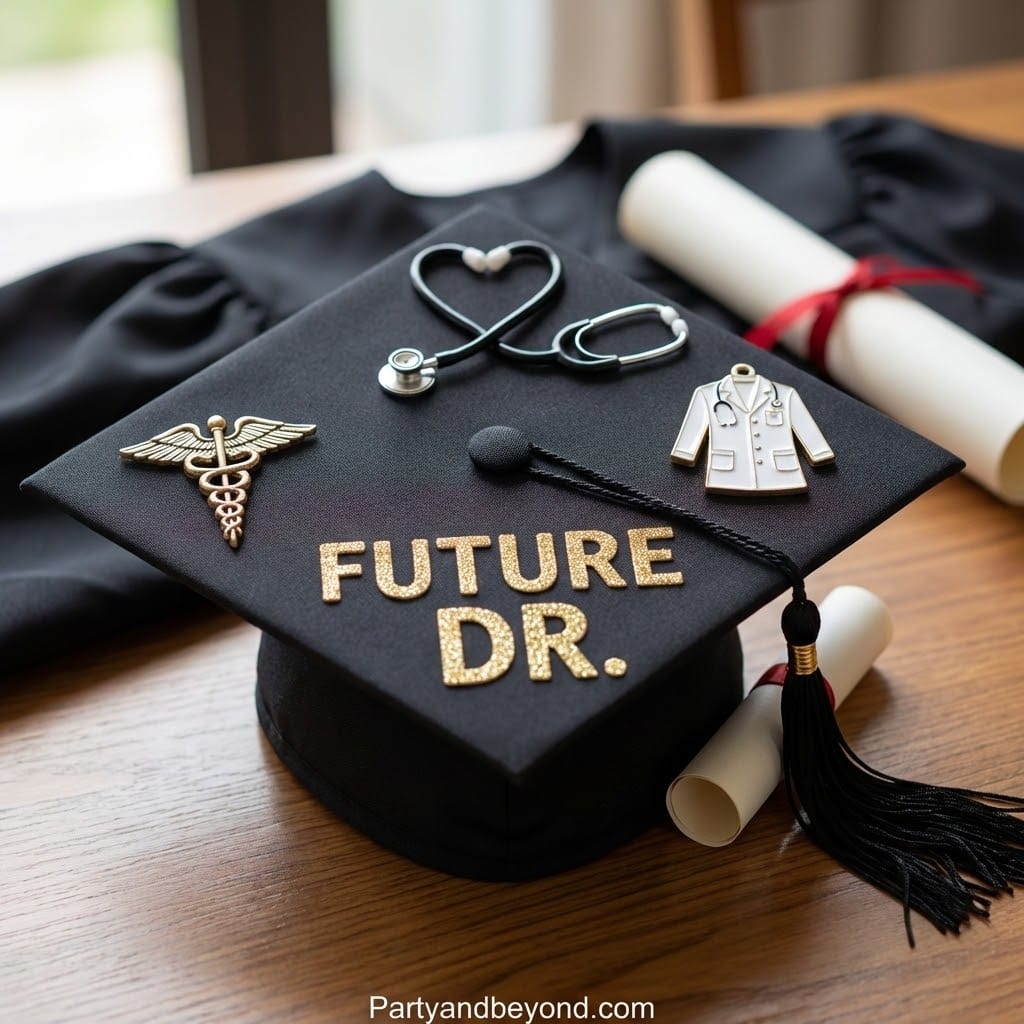 Graduation cap decorated with medical symbols and "Future Dr." for aspiring healthcare professionals.
