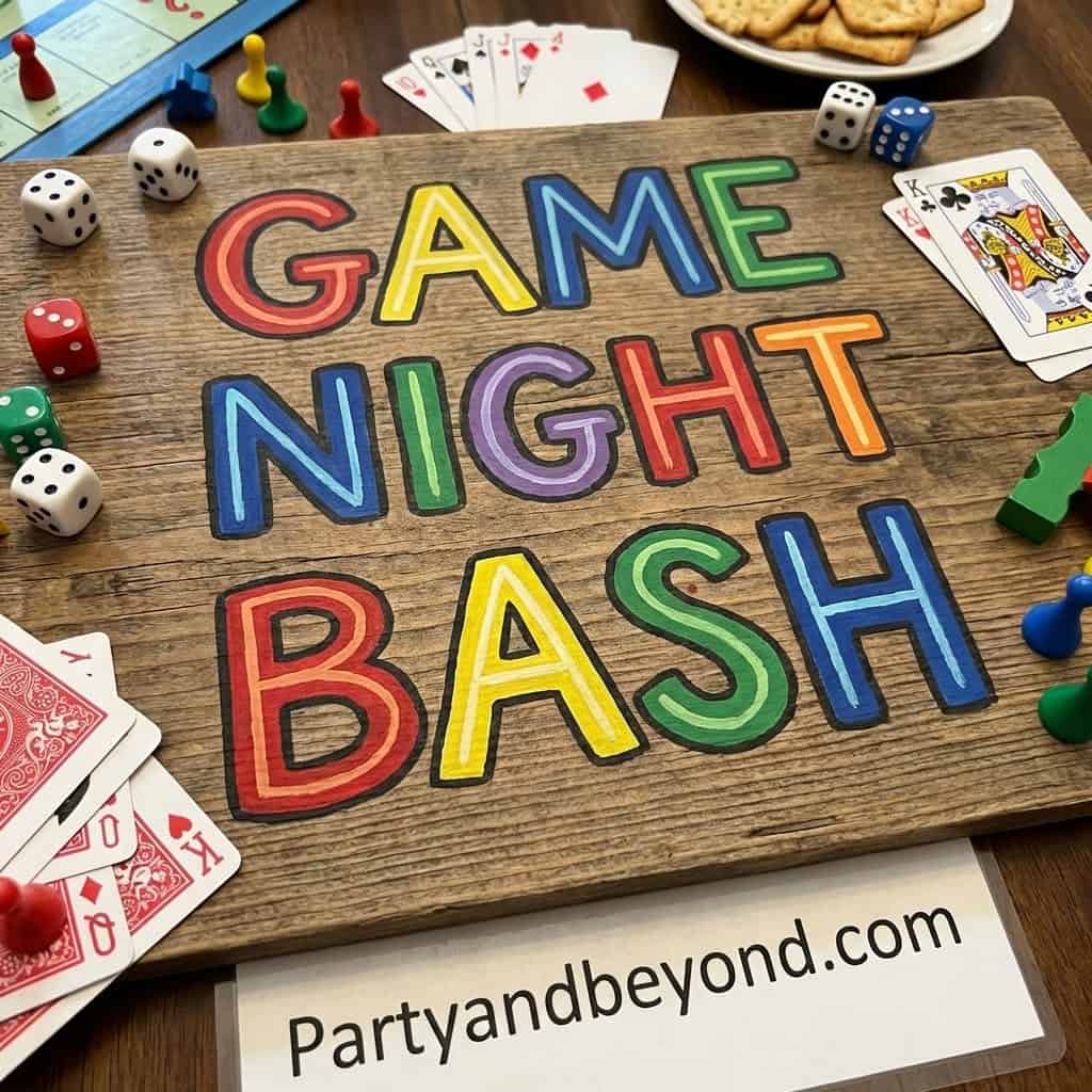 Colorful game night party sign with board games and cards for 15th birthday celebration.