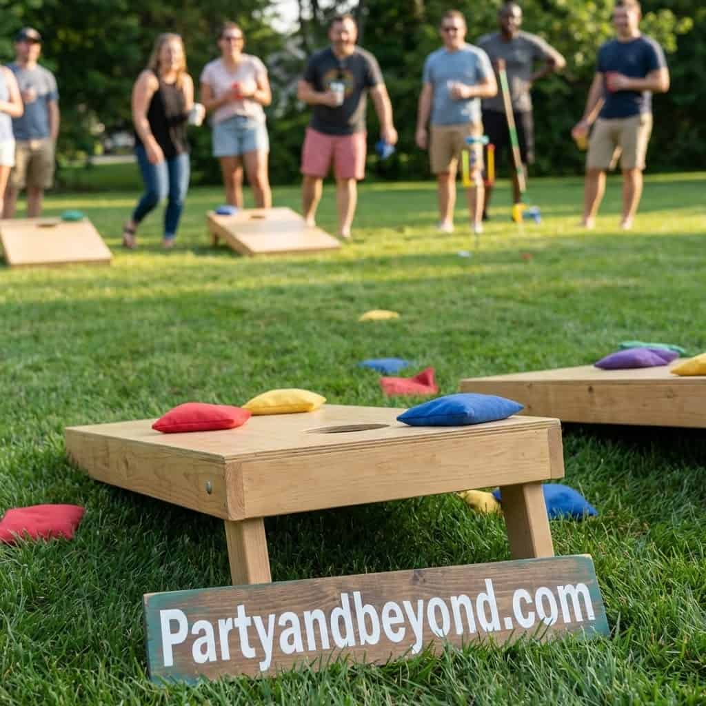 Outdoor garden birthday party game with bean bags and wooden boards.