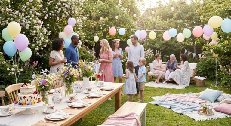 Outdoor garden birthday party with colorful balloons, flowers, and guests enjoying a festive gatheri.