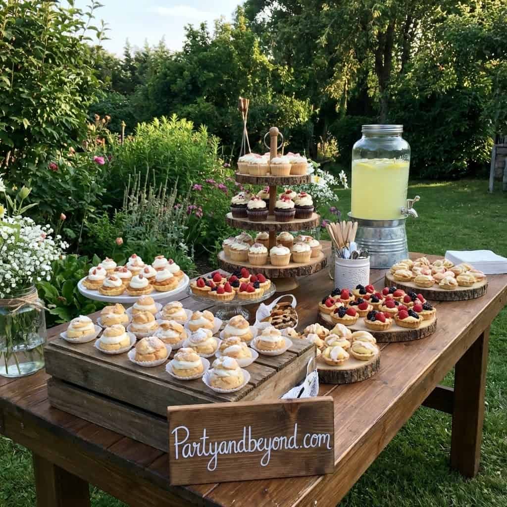 Elegant garden birthday party dessert table with cupcakes, lemonade, and floral decor.