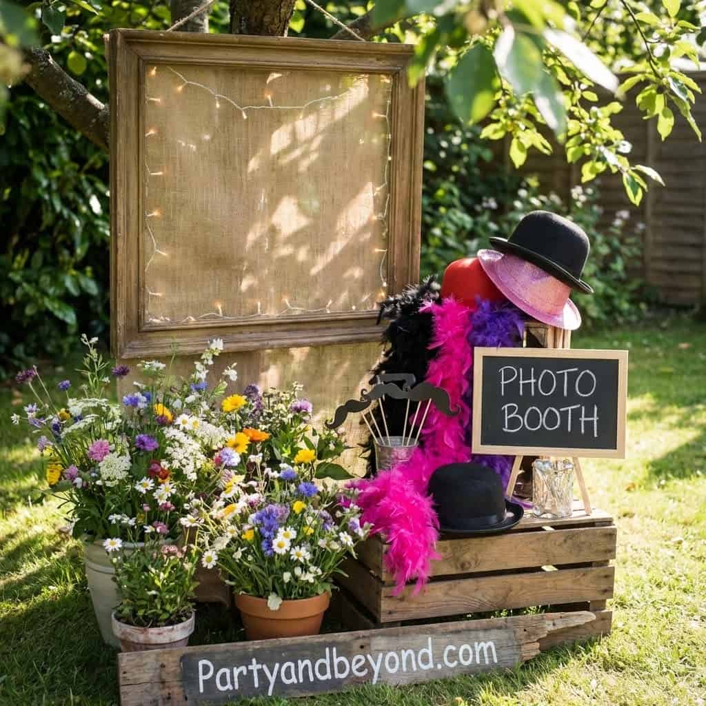 Photo booth with hats, feather boas, and chalkboard sign in a lush garden setting.