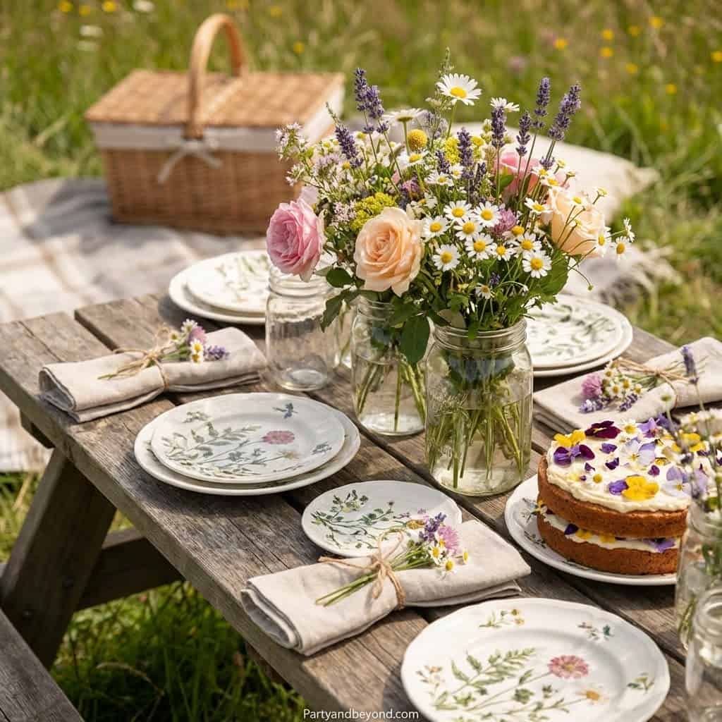 Elegant garden birthday party table with floral arrangements and cake setup.
