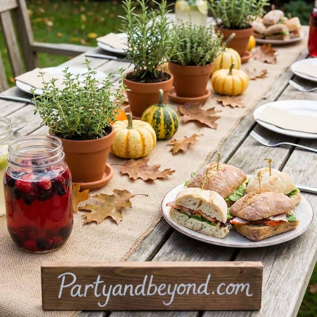 Outdoor garden party table with sandwiches, potted herbs, pumpkins, and autumn leaves.