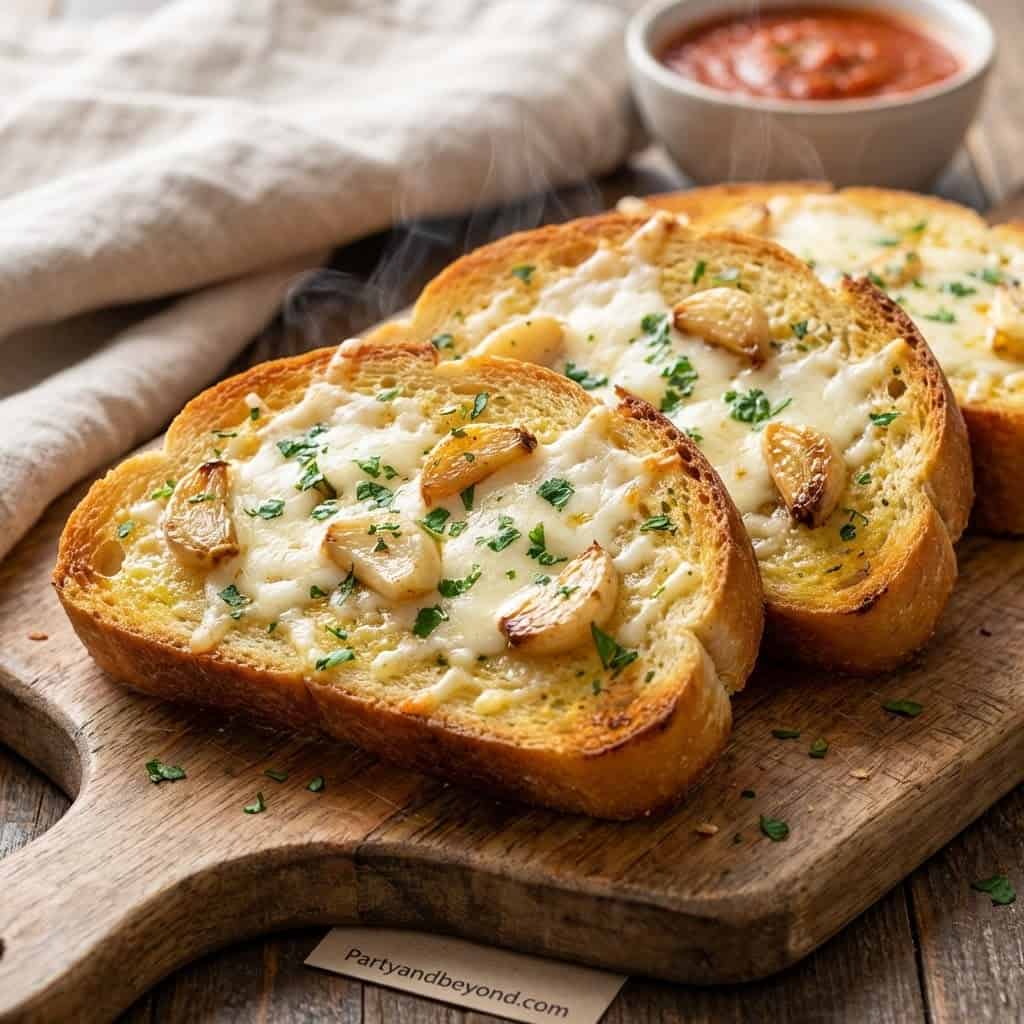 Delicious garlic bread toasts topped with melted cheese, garlic, and herbs, perfect for budget-frien.