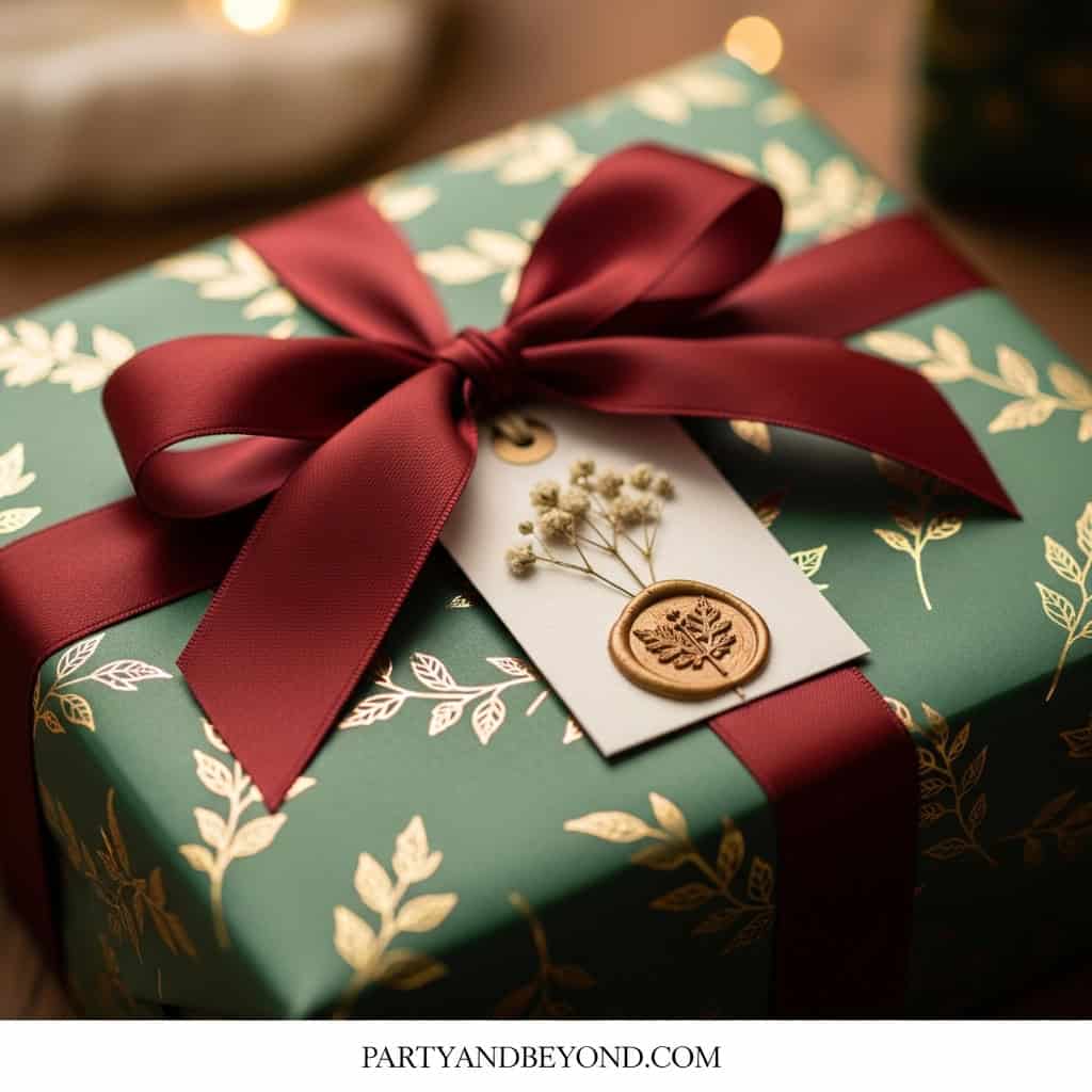 Beautifully wrapped gift with red ribbon and botanical tag for adult party gifts.