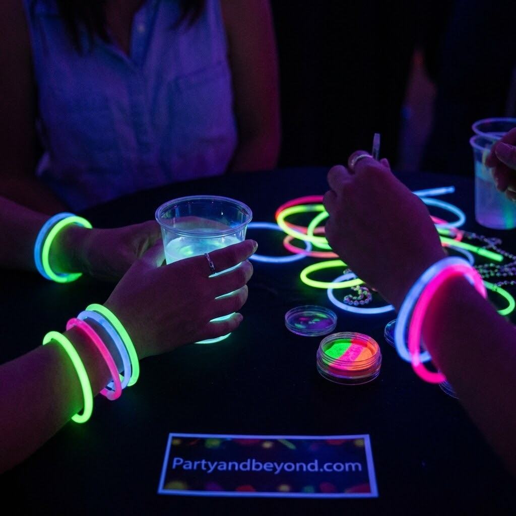 Neon glow bracelets and drinks at a vibrant summer birthday party.