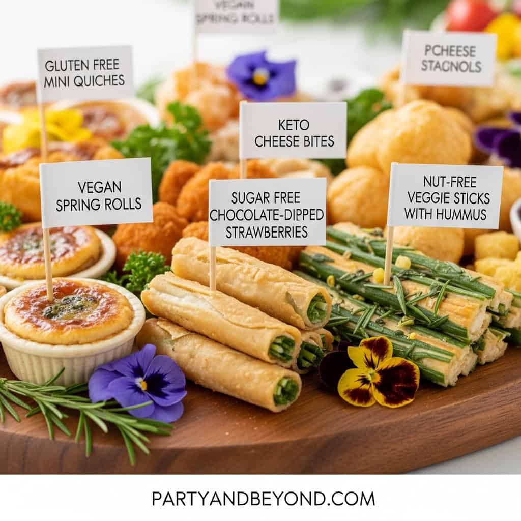 Assorted gluten-free mini quiches with labels for dietary preferences at a party.