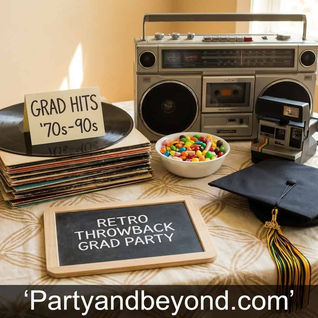 Retro 70s-90s themed graduation party setup with vintage items and memorabilia.