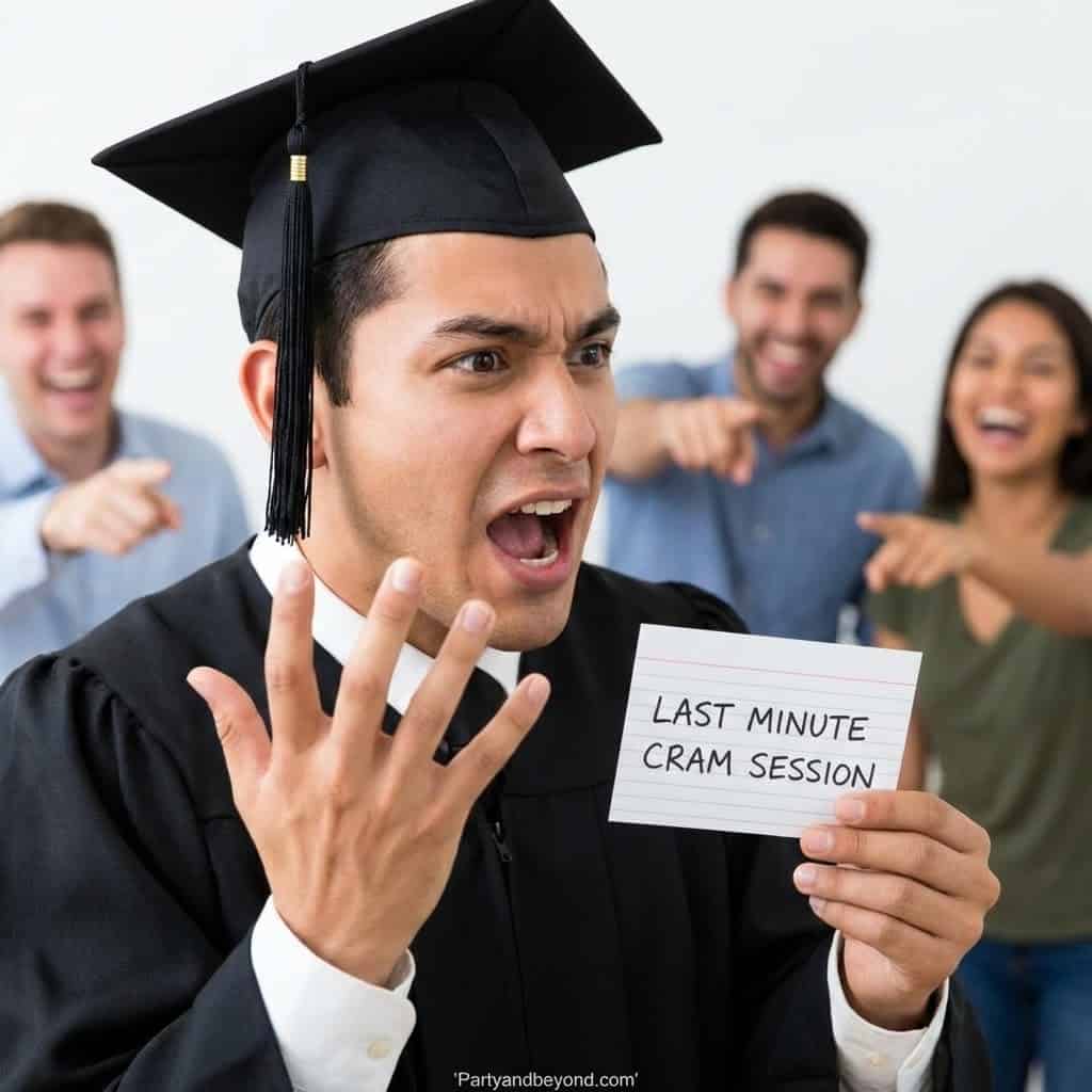 Graduate with cap and gown holding "Last Minute Cram Session" card at indoor party.