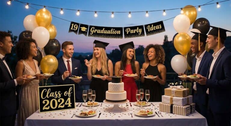Graduation party with friends celebrating outdoors with balloons, cake, and decorations.
