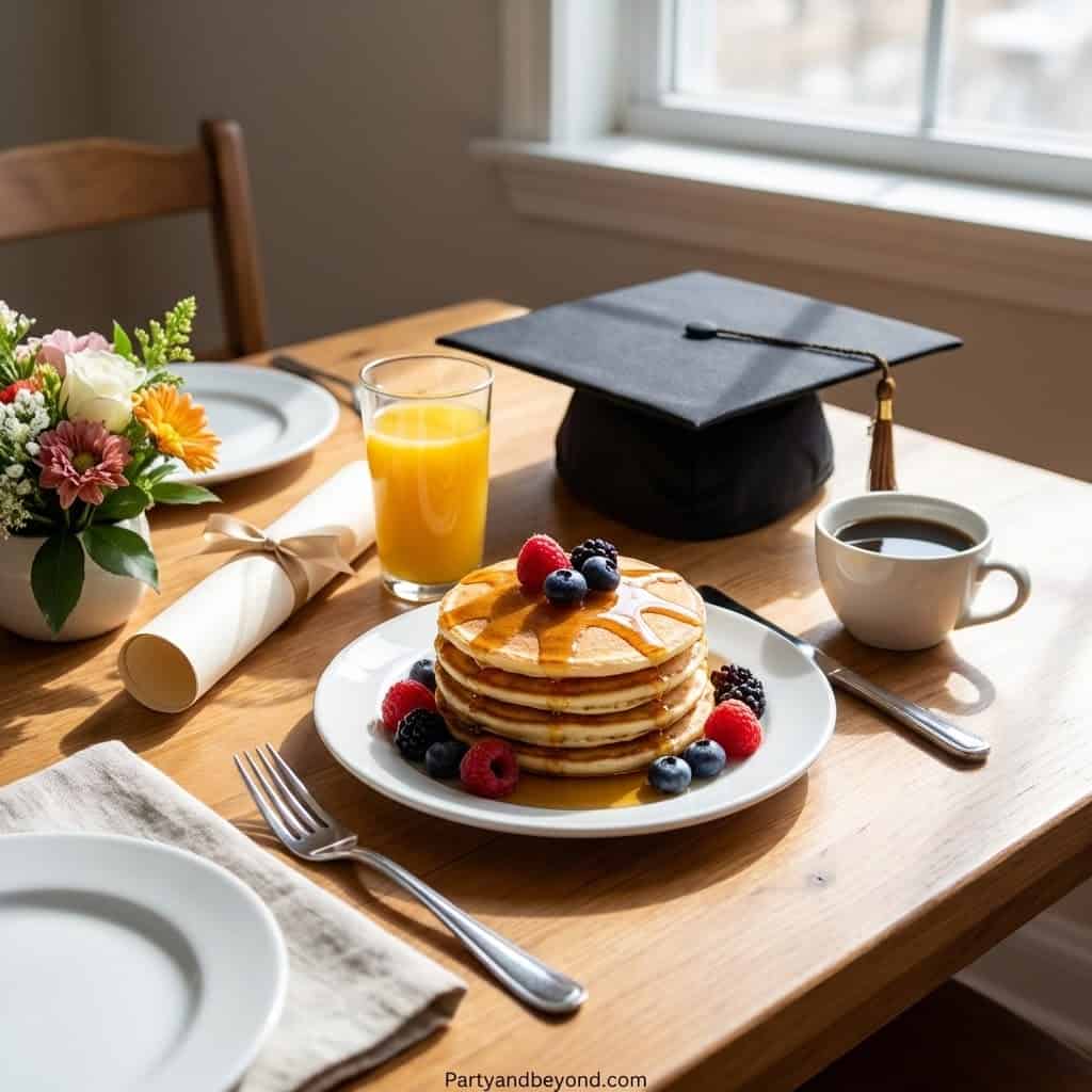 Graduation breakfast with pancakes, coffee, and orange juice on a decorated table.