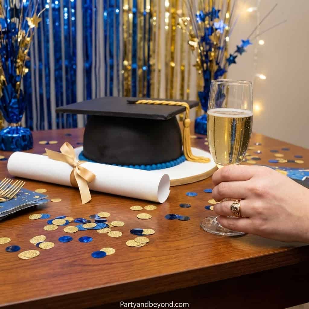 Graduation cap, diploma, and champagne at a festive party table.