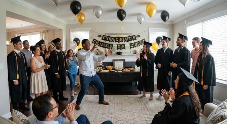 Happy graduates in caps and gowns celebrating indoors at a graduation party.
