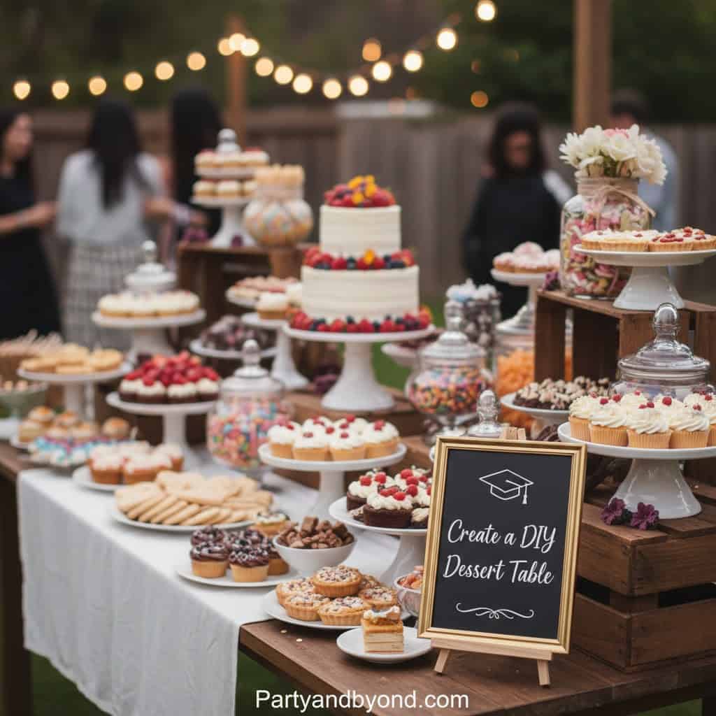 Elegant graduation dessert table with cakes, cupcakes, and treats for celebration.