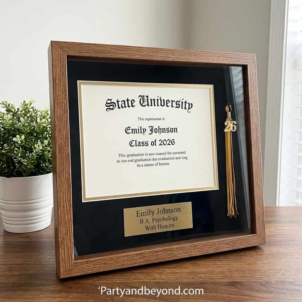 Elegant graduation frame with tassel and personalized name plaque for 2026 graduate.