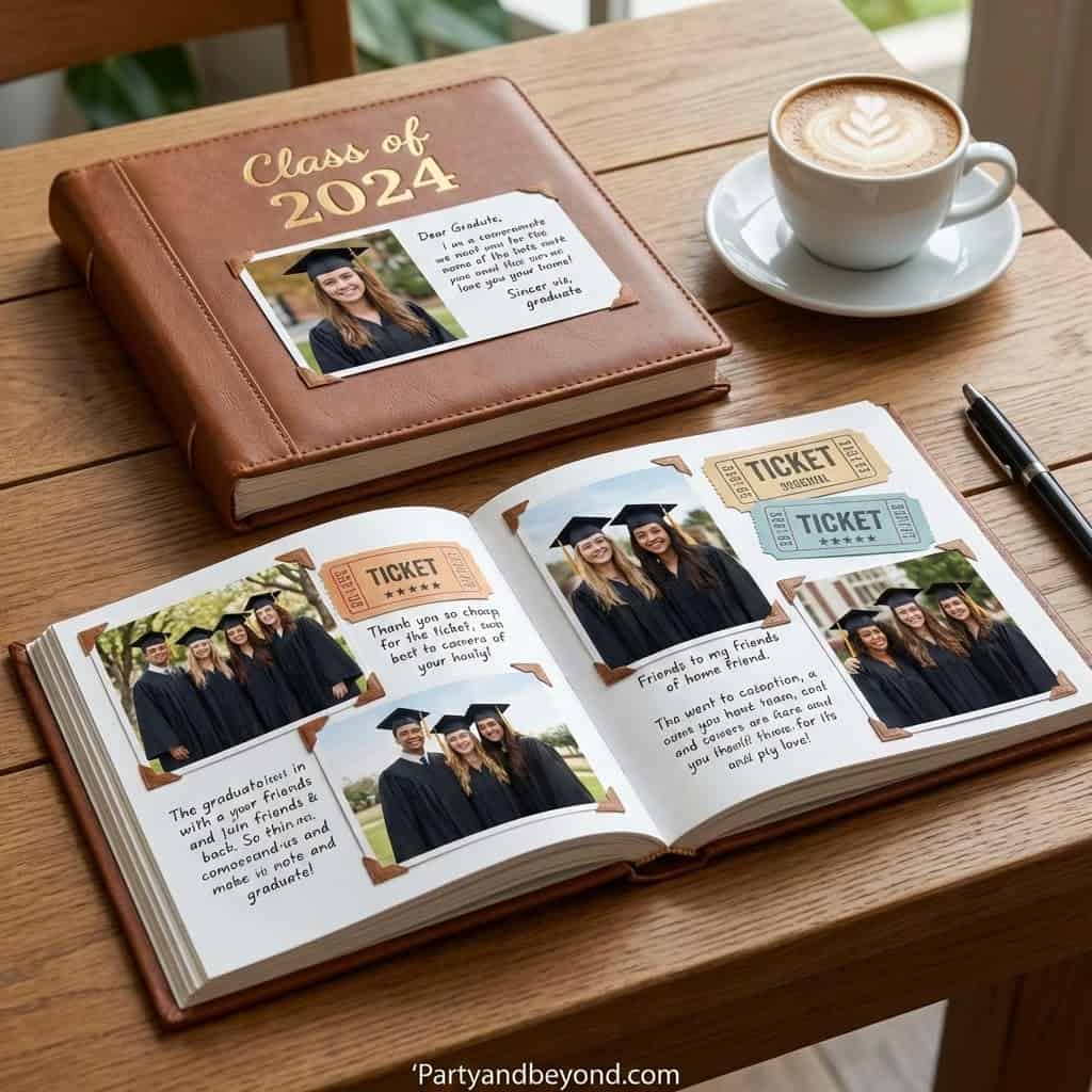 Elegant graduation scrapbook with photos and tickets.