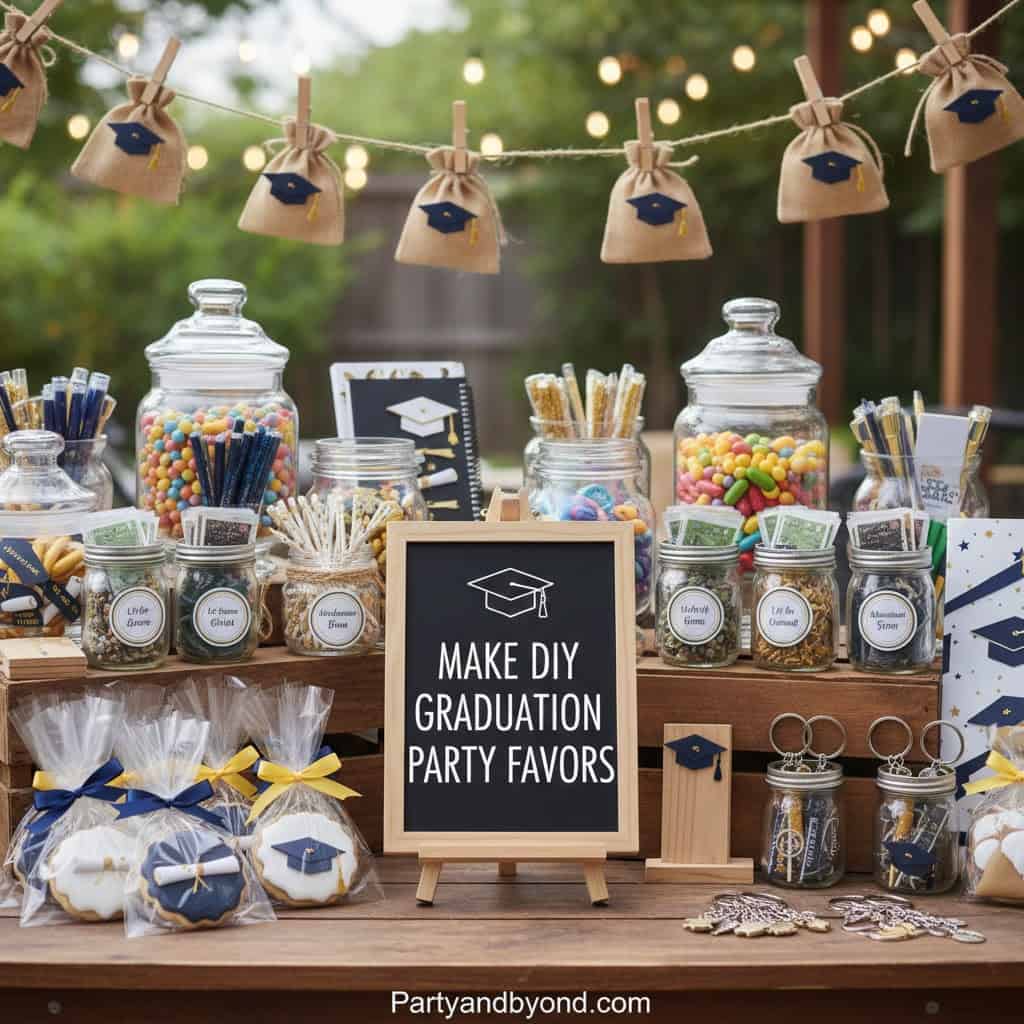 Graduation-themed candy and decor setup with jars, treats, and DIY party favors for a memorable cele.