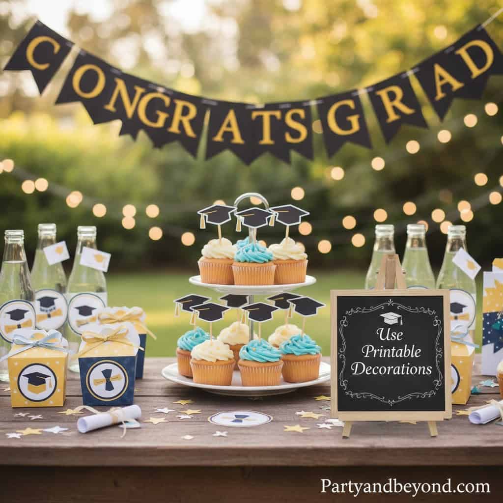 Graduation party table with cupcakes, decorations, and "Congrats Grad" banner.