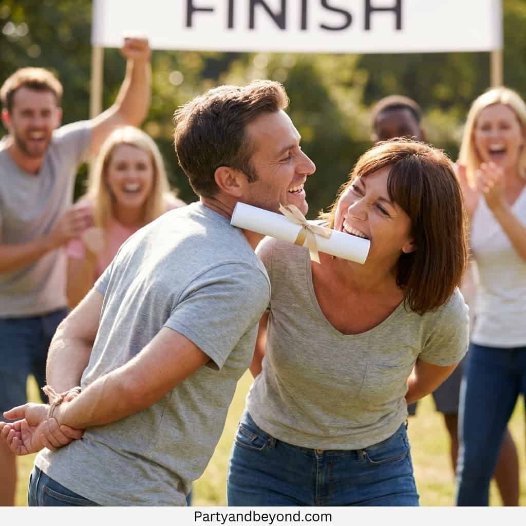 Happy graduates at an outdoor graduation party with a fun game involving a rolled diploma.