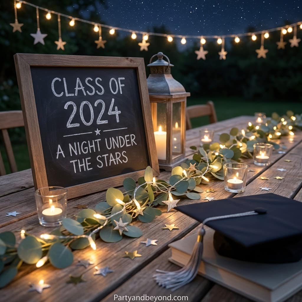 Graduation celebration table setup with candles and eucalyptus.